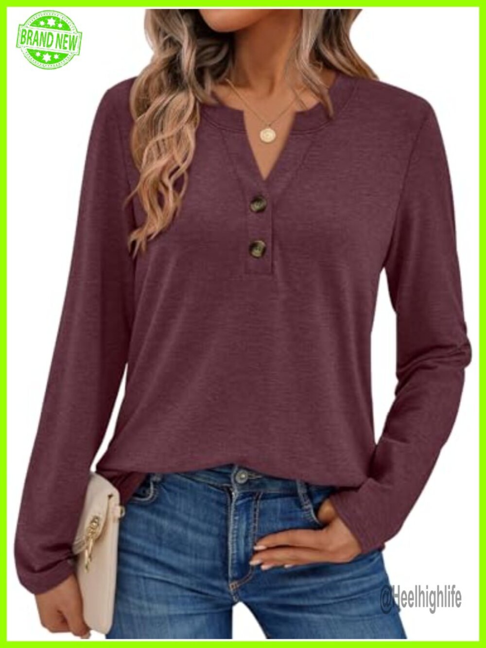 Women's Long Sleeve Henley V-Neck Loose Fit Dressy Casual Work Top